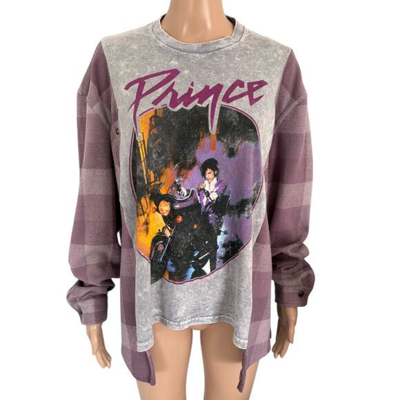Upcycled Prince Purple Rain Graphic Band Flannel Plaid Shirt Grunge Country Rock - Picture 1 of 7